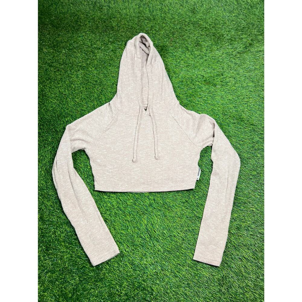 Gymshark Cropped Hoodie Women’s Small Beige Mauve Ribbed Long Sleeve Athletic